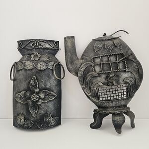 Vintage Black and Gray Metal Teapot Kitchen Decor Set